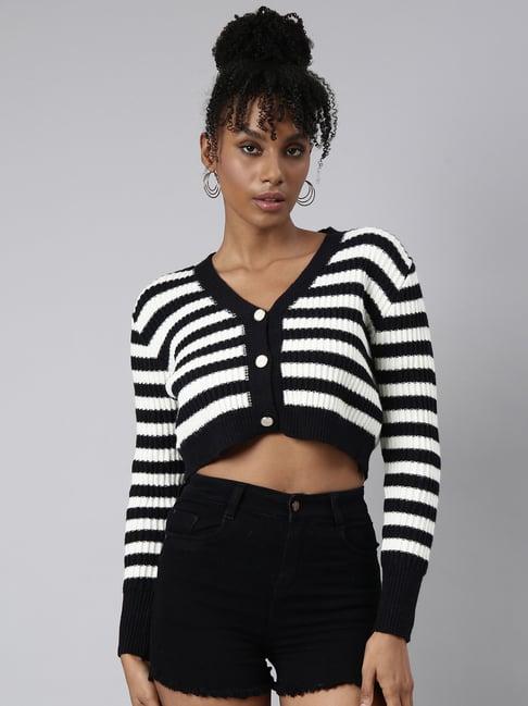 showoff black & white striped cardigan