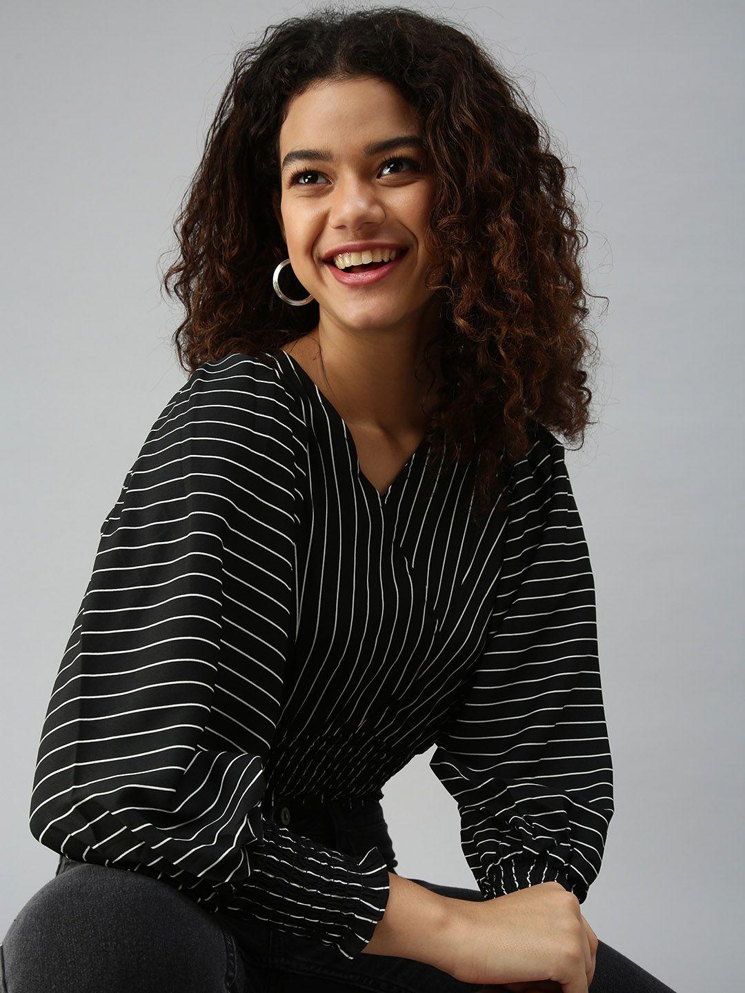 showoff black & white striped monochrome crepe wrap top