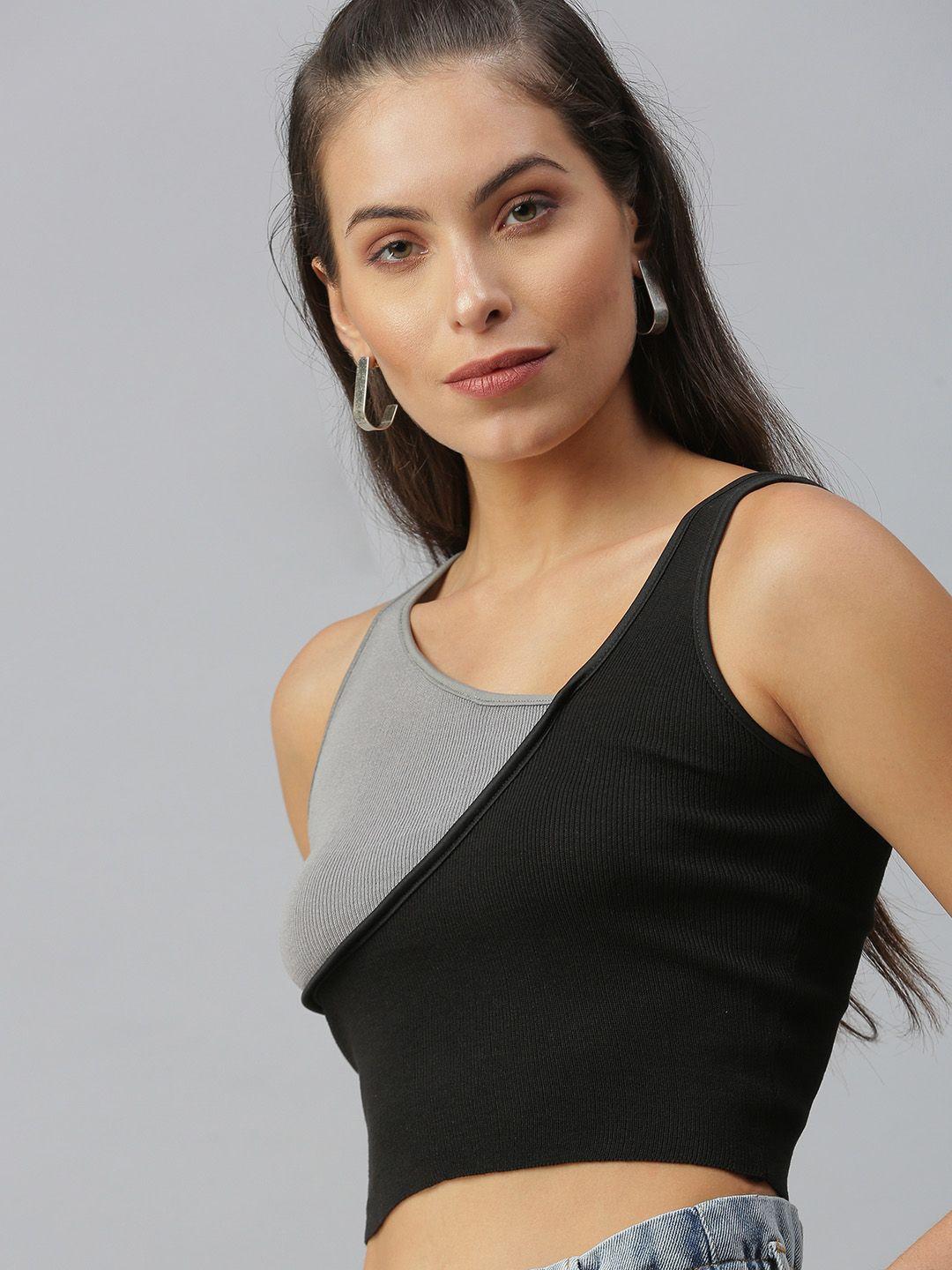 showoff black colourblocked acrylic crop top