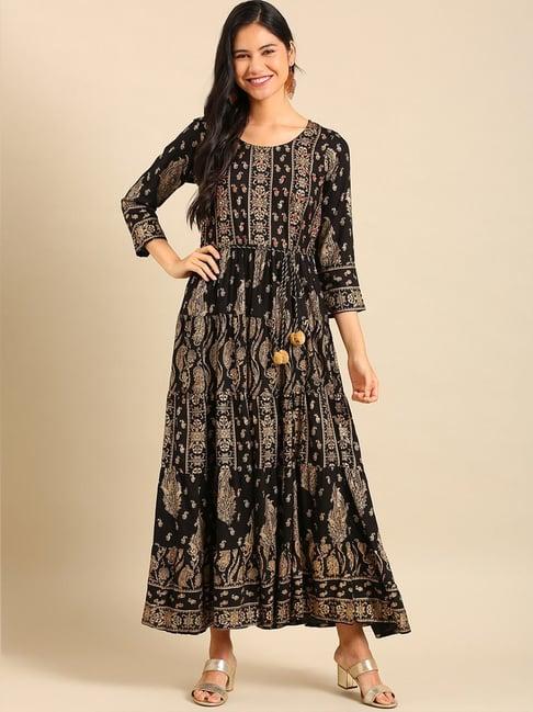 showoff black cotton embroidered a line kurta