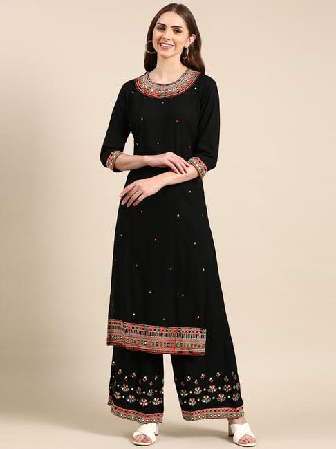 showoff black cotton embroidered kurta with palazzos