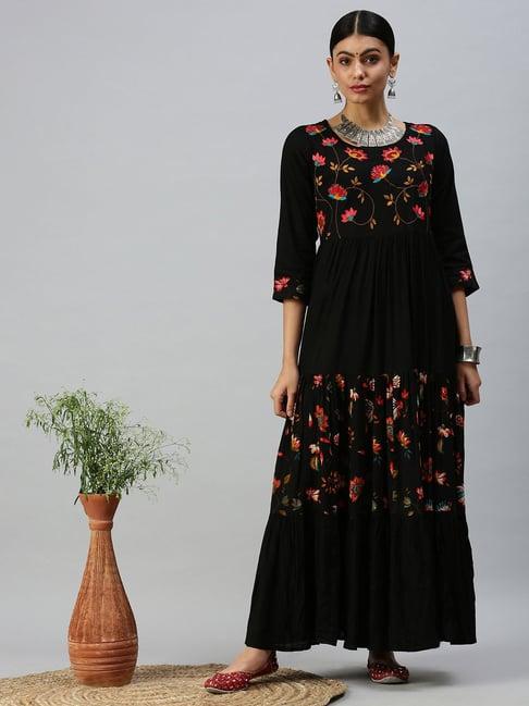 showoff black cotton floral ankle length anarkali kurta