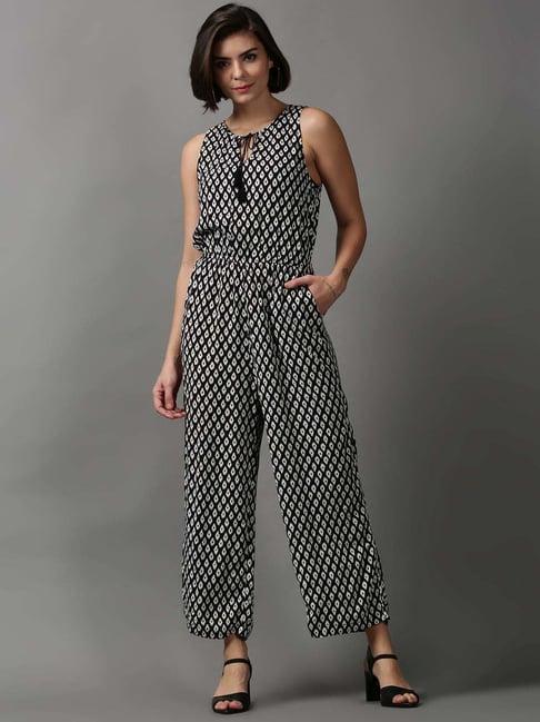 showoff black cotton printed a-line jumpsuit