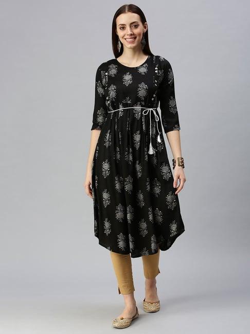 showoff black cotton printed calf length a line kurta