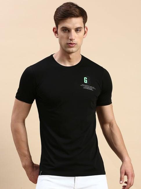 showoff black cotton slim fit printed t-shirt