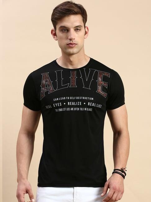 showoff black cotton slim fit printed t-shirt