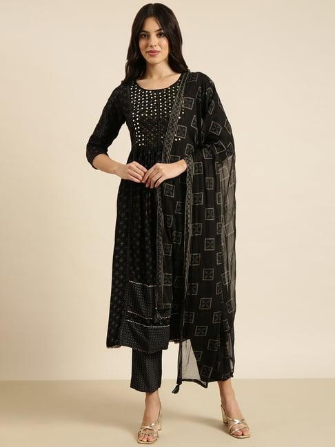 showoff black embellished kurta with pants & dupatta