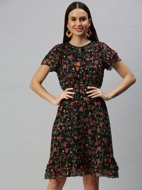 showoff black floral print a line dress