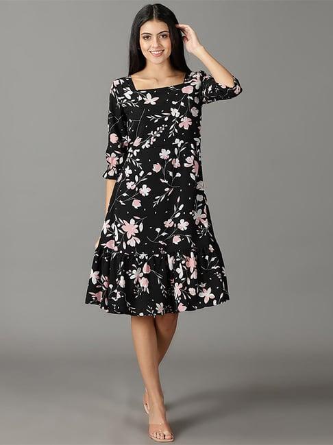 showoff black floral print a-line dress