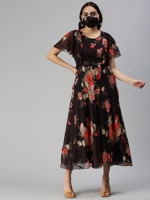 showoff black floral print fit & flare dress