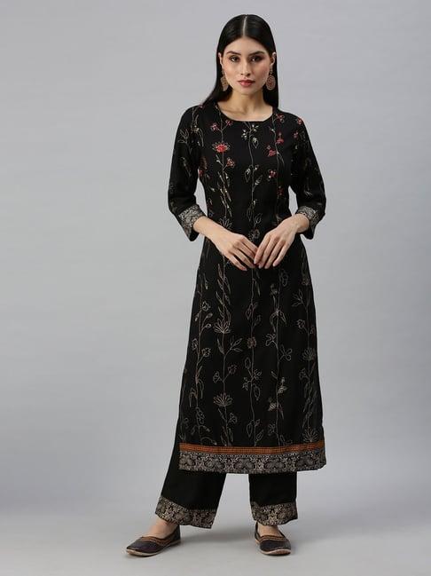 showoff black floral print kurta with palazzo