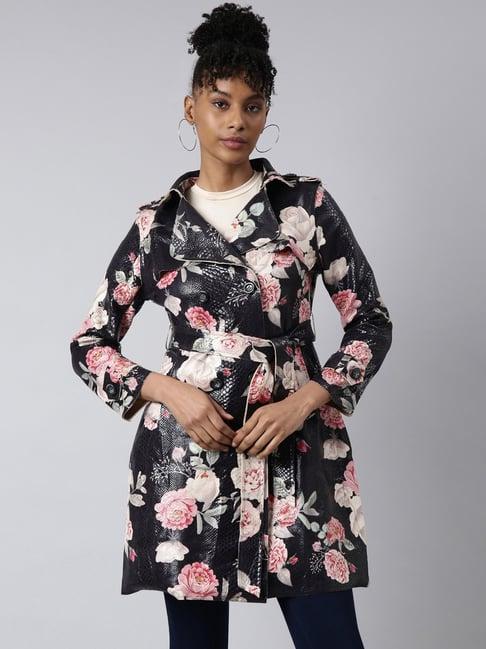 showoff black floral print trench coat