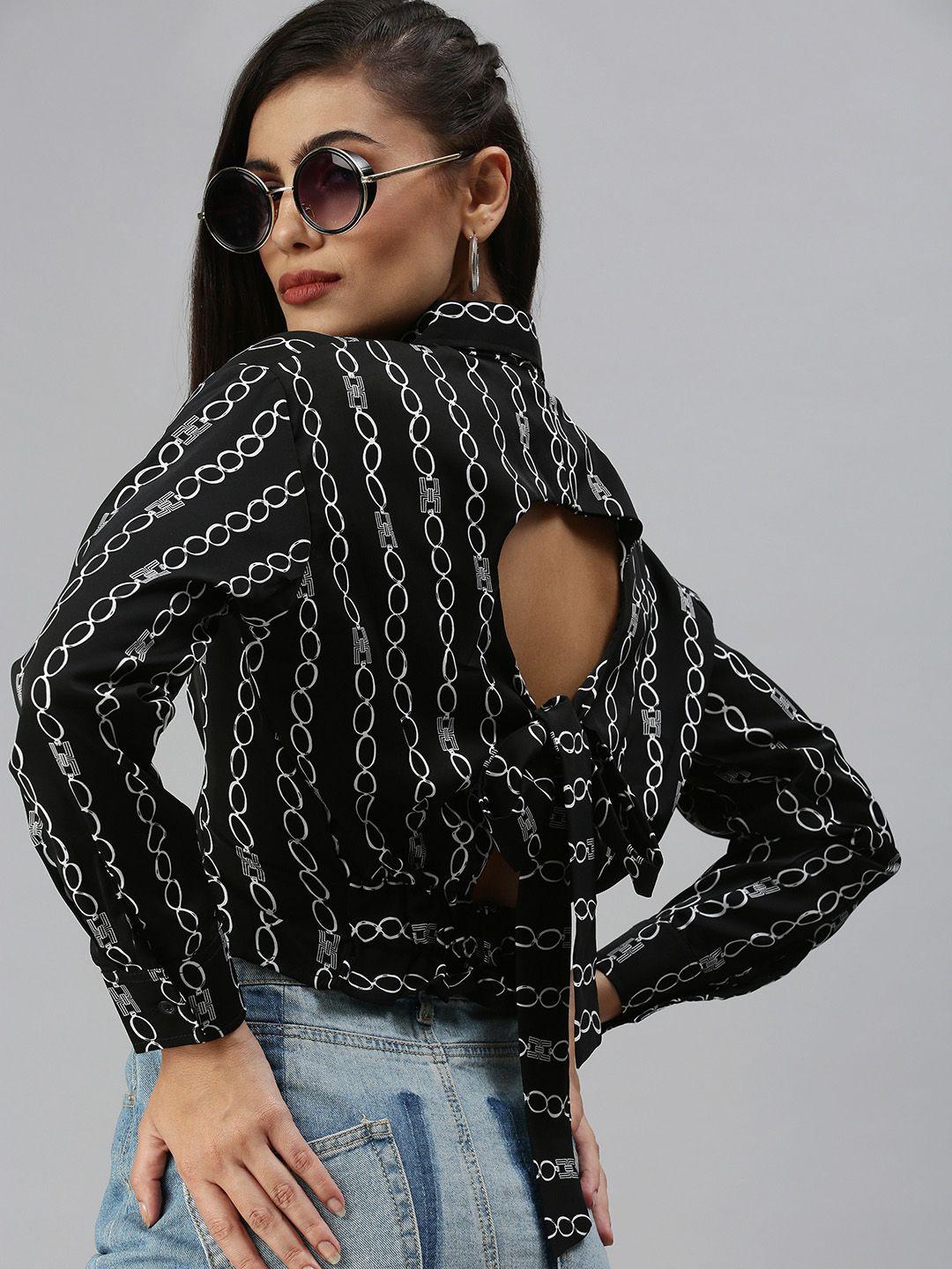 showoff black geometric print crepe top