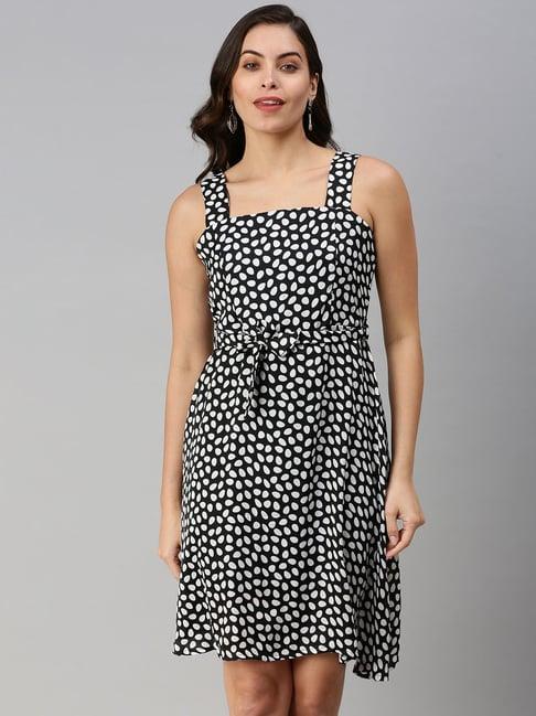 showoff black polyester polka dot fit & flare dress