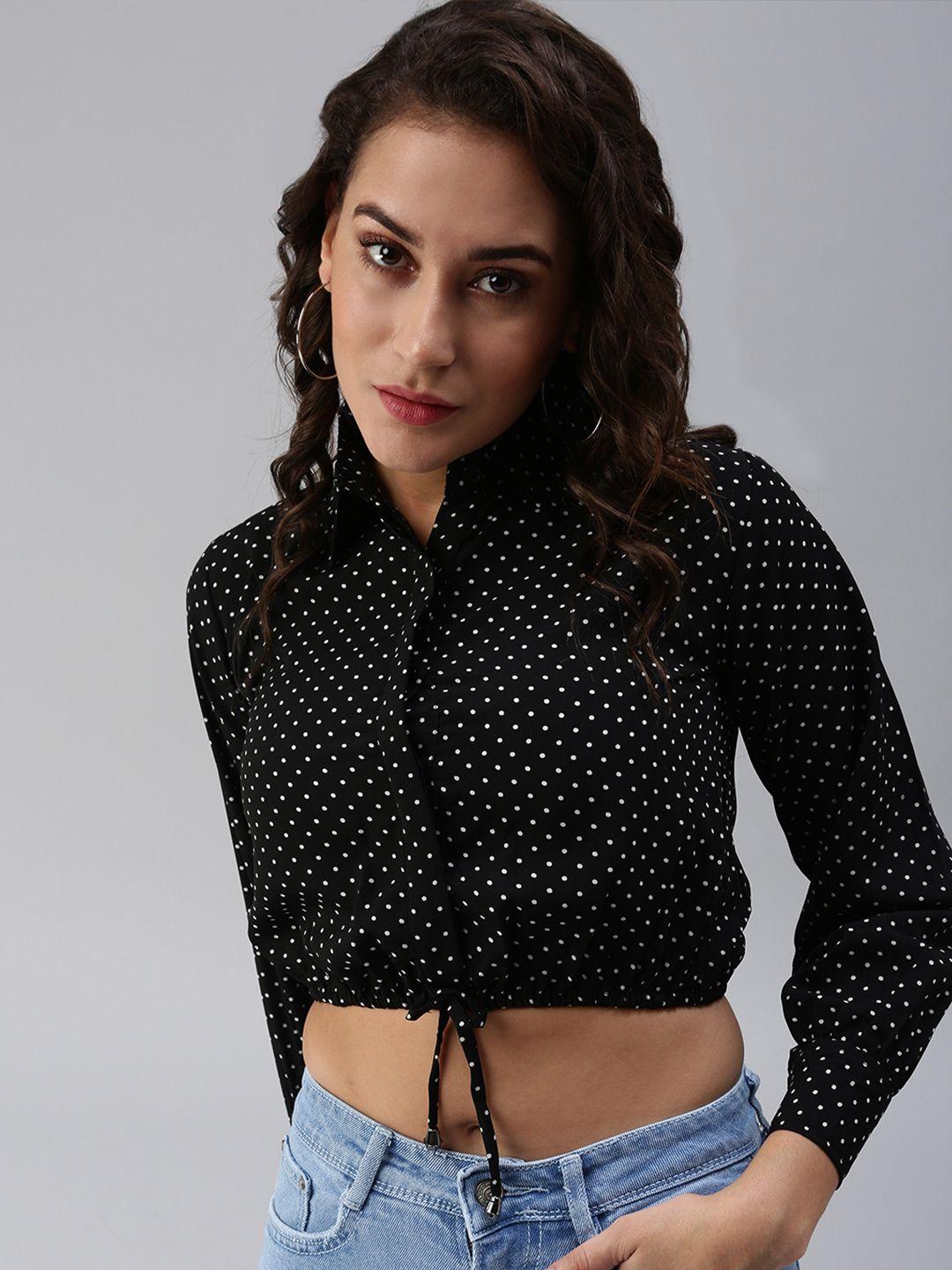 showoff black print crepe shirt collar crop top