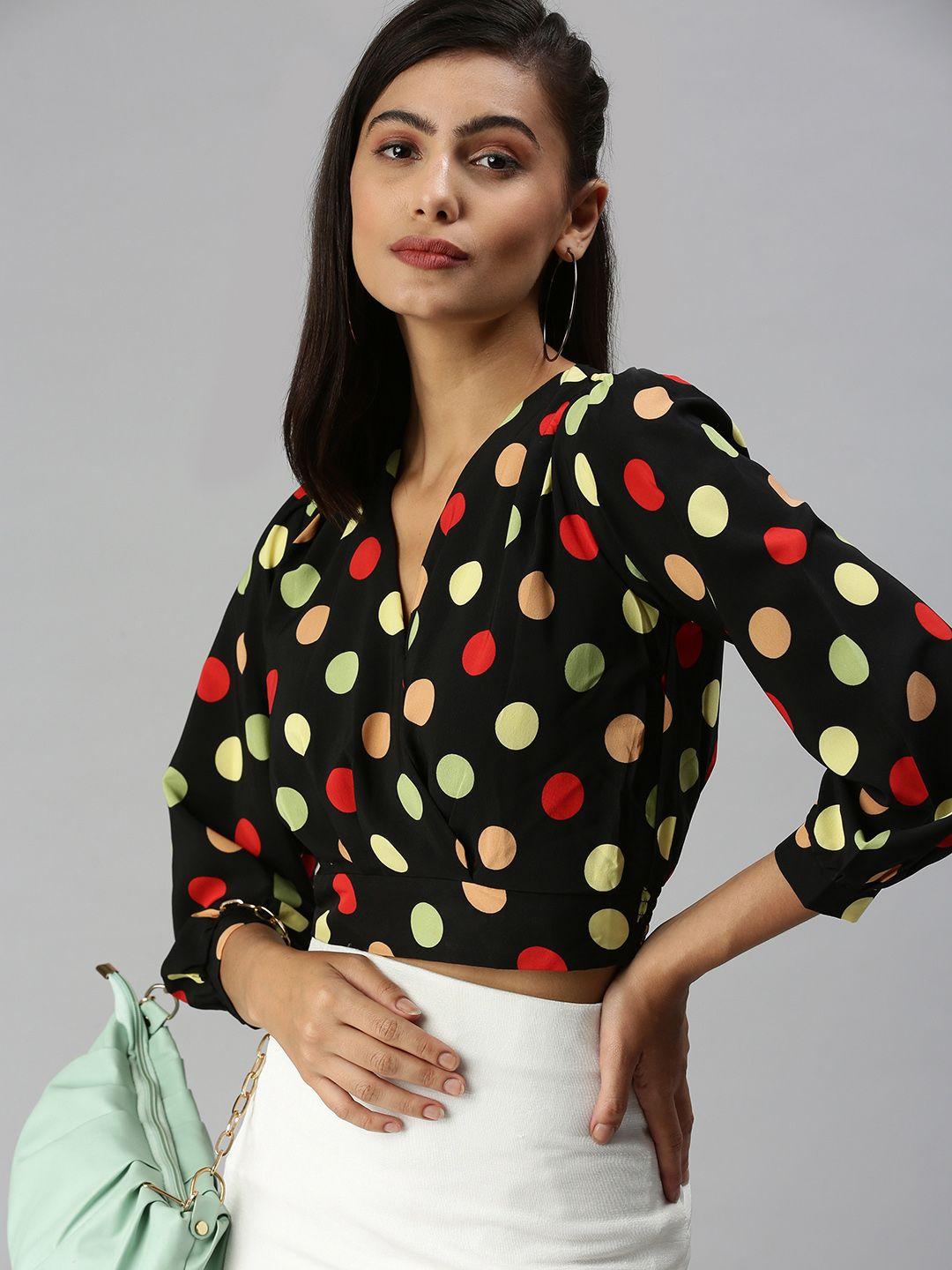 showoff black print crepe wrap top