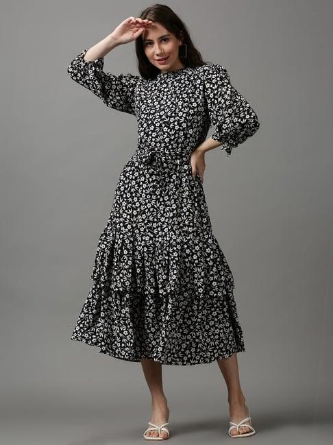 showoff black printed a-line dress