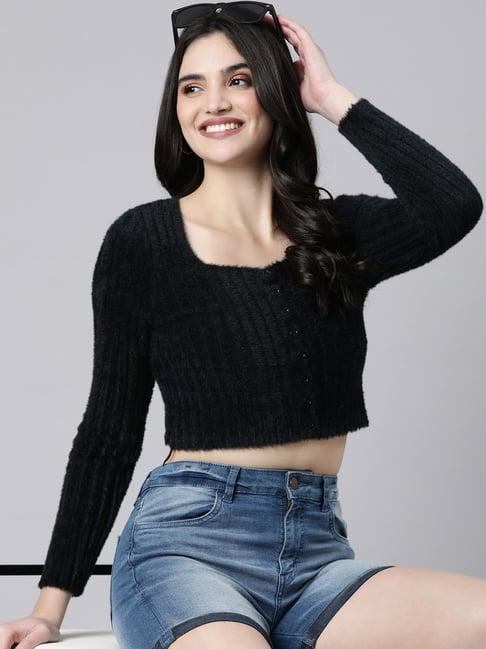 showoff black regular fit crop cardigan