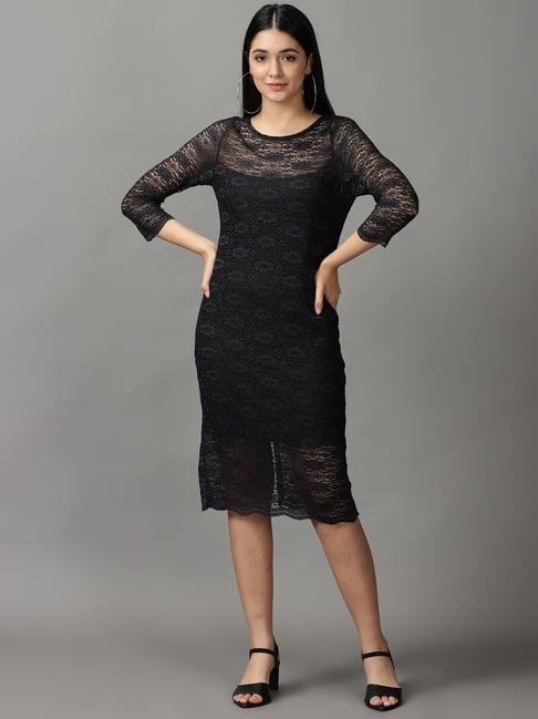 showoff black self pattern shift dress