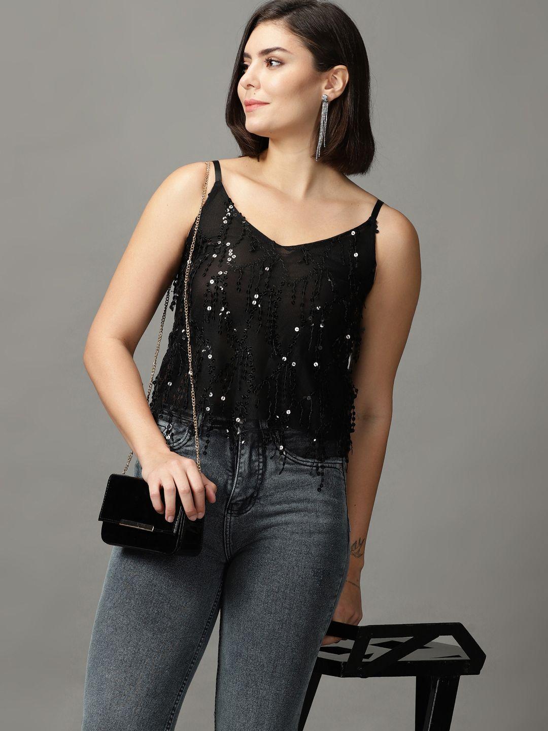 showoff black sequined embellished shoulder straps net top