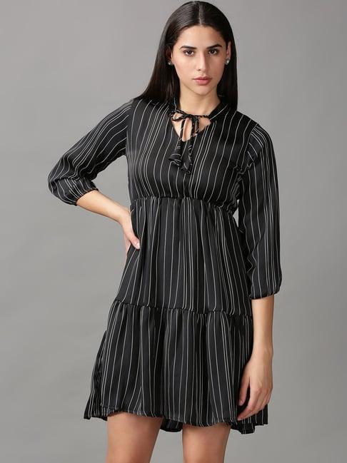 showoff black striped a-line dress