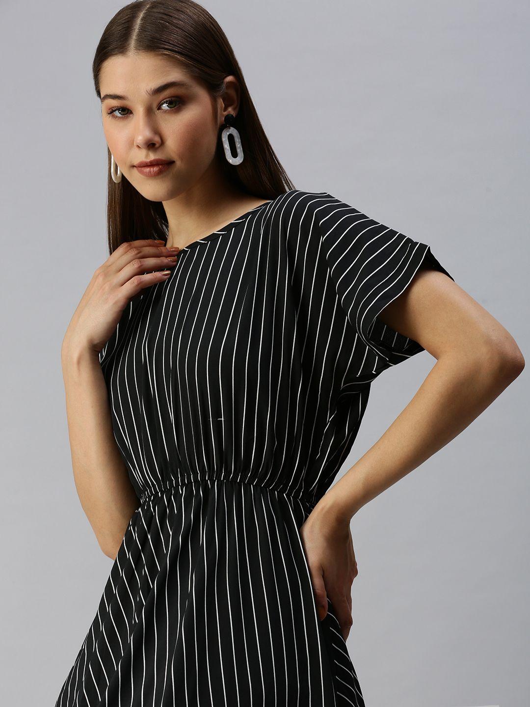 showoff black striped crepe blouson dress