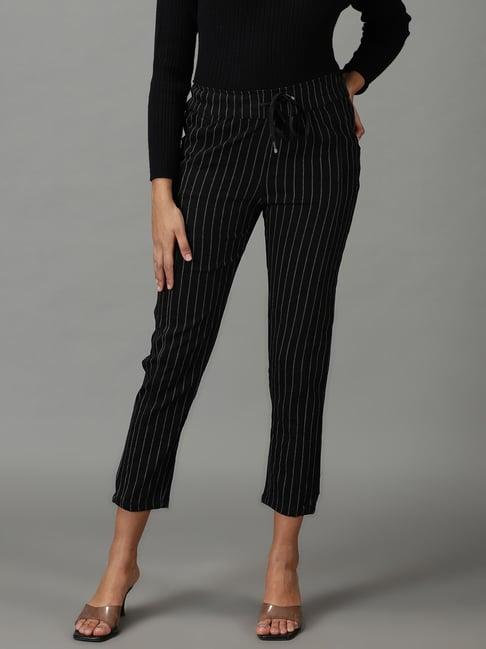 showoff black striped regular fit mid rise trousers