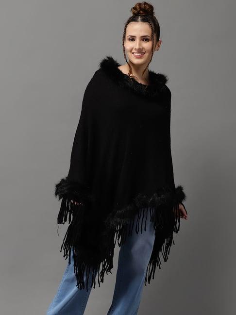 showoff black wool self design poncho