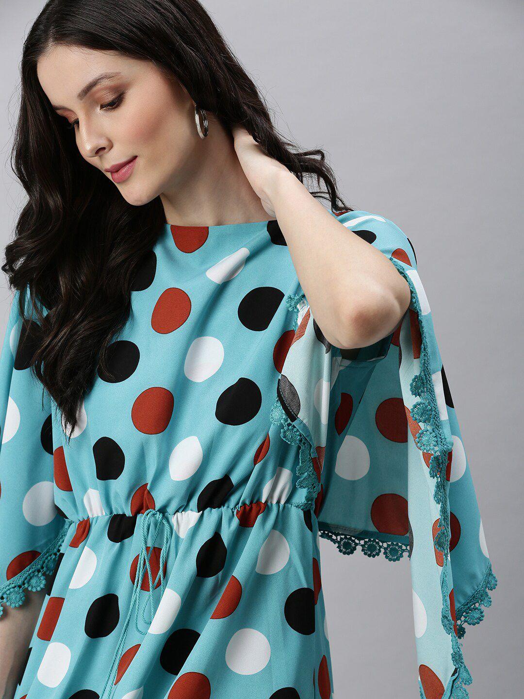 showoff blue & black polka dots printed crepe kaftan dress