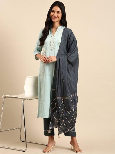 showoff blue & grey embellished kurta pant set with dupatta
