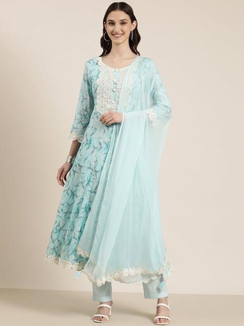 showoff blue & white embellished kurta with pants & dupatta