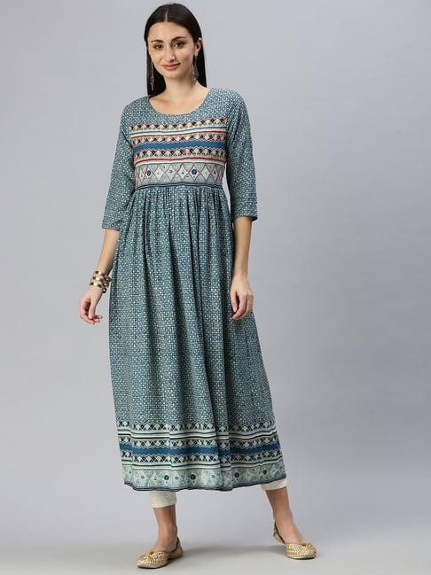 showoff blue cotton ethnic motifs calf length anarkali kurta