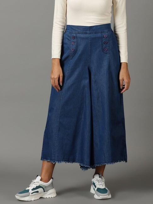showoff blue cotton flared fit high rise culottes
