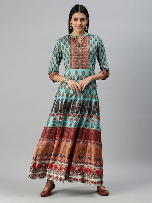 showoff blue cotton printed ankle length anarkali kurta