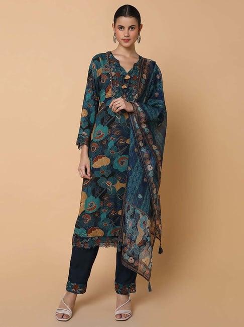 showoff blue cotton printed kurta pant set with dupatta