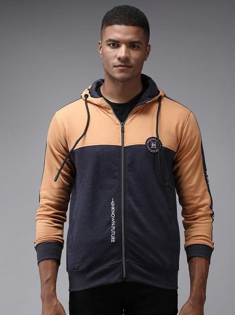 showoff blue cotton regular fit colour block hooded sweatshirt