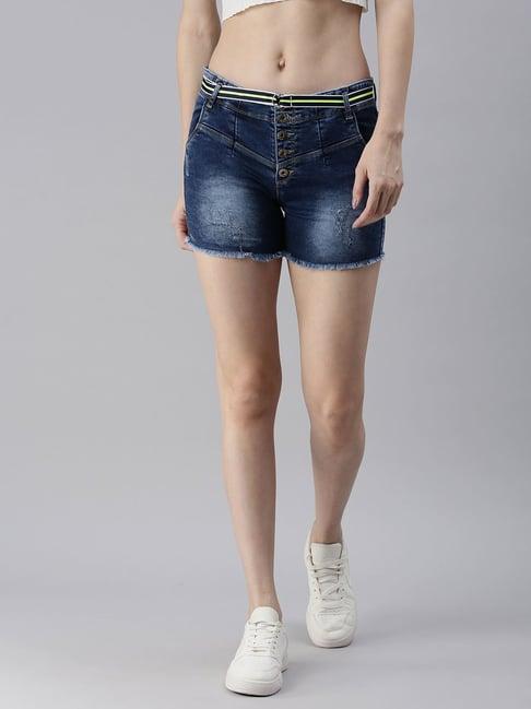 showoff blue denim distressed regular fit shorts