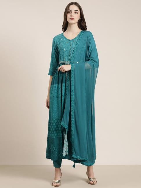 showoff blue embellished kurta with pants & dupatta