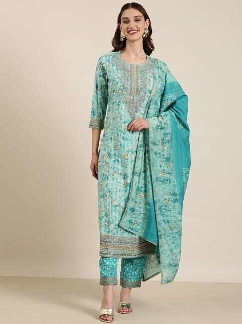 showoff blue embellished kurta with pants & dupatta