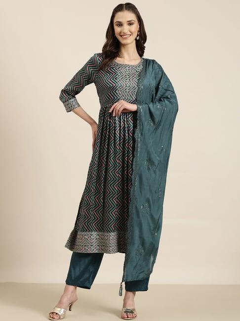 showoff blue embellished kurta with pants & dupatta