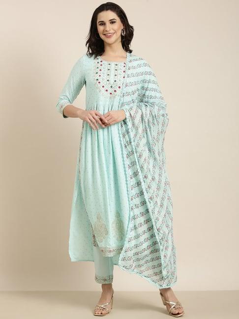 showoff blue embellished kurta with pants & dupatta