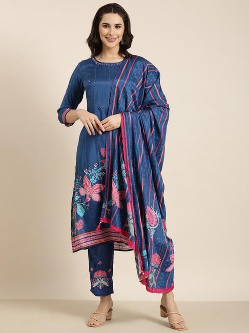 showoff blue embellished kurta with pants & dupatta