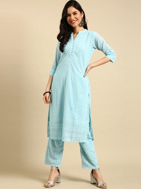 showoff blue embroidered straight calf length kurta with pants