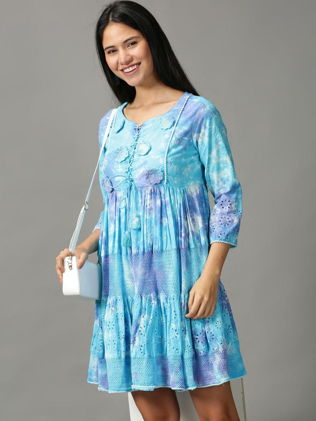 showoff blue ethnic cotton a-line dress