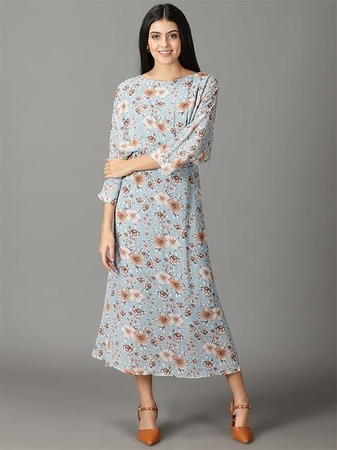 showoff blue floral print a-line dress