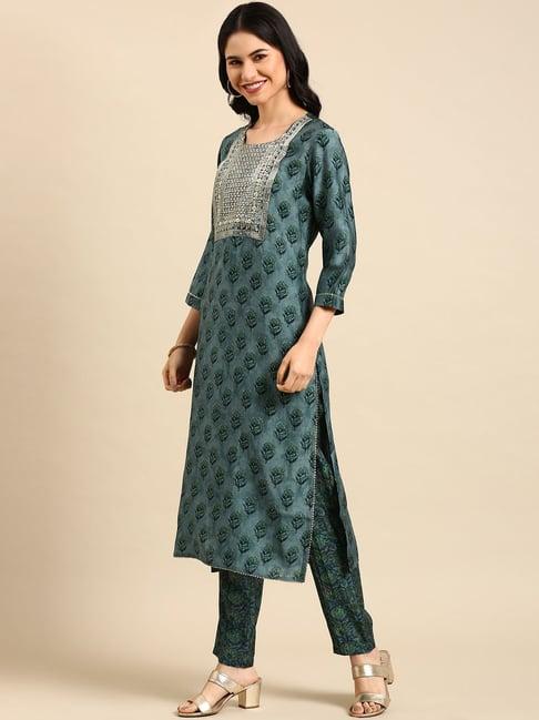 showoff blue floral print straight calf length kurta with pants & dupatta