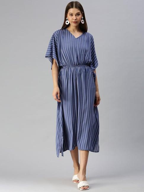 showoff blue polyester stripes kaftan dress