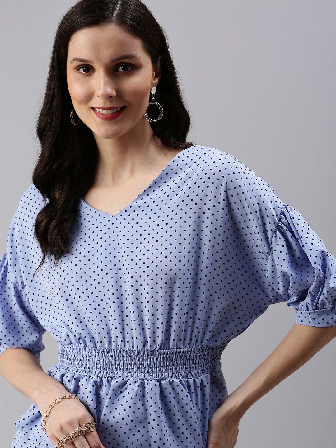 showoff blue print crepe cinched waist  v-neck top