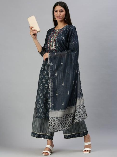 showoff blue printed straight calf length kurta with palazzo & dupatta