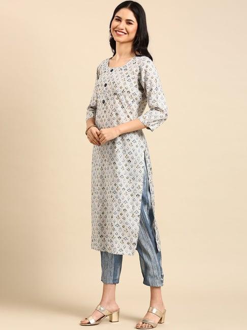 showoff blue printed straight calf length kurta with pants & dupatta